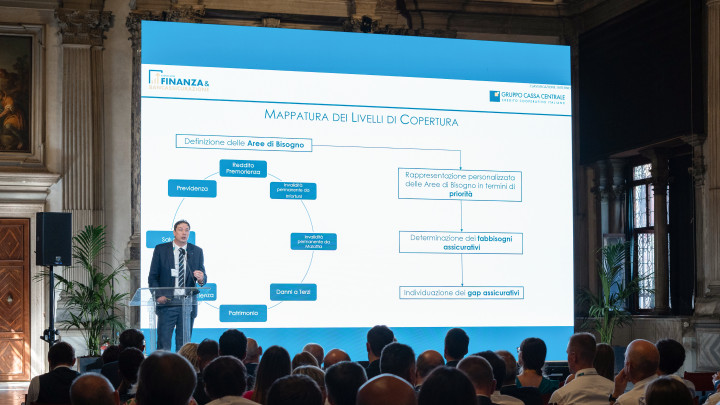 Meeting risparmio gestito e bancassicurazione 2023 foto relatori che parlano al pubblico